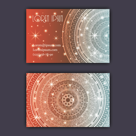 Vector vintage visiting card set. Glowing shiny floral mandala pattern and ornaments. Luxury designのイラスト素材
