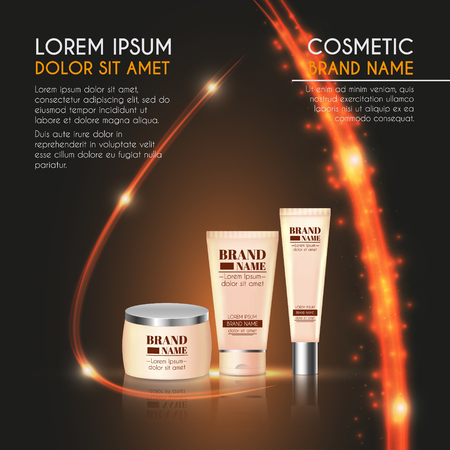 3D realistic cosmetic bottle ads template. Cosmetic brand advertising concept design with glowing sparkles and glitters abstract background.のイラスト素材