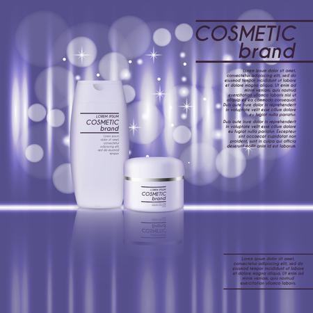 3D realistic cosmetic bottle ads template. Cosmetic brand advertising concept design with glitters and bokeh background.のイラスト素材
