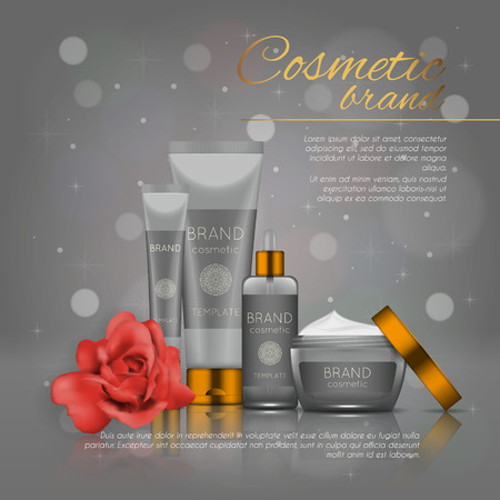 Vector 3D cosmetic illustration with rose and bokeh background. Beauty realistic cosmetic product design templateのイラスト素材