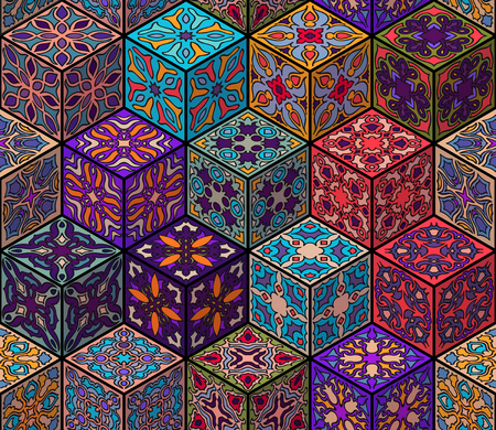 Colorful vintage seamless pattern with floral and mandala elements.Hand drawn background. Can be used for fabric, wallpaper, tile, wrapping, covers and carpet. Islam, Arabic, Indian, ottoman motifs.のイラスト素材