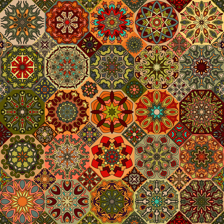 Colorful vintage seamless pattern with floral and mandala elements.Hand drawn background. Can be used for fabric, wallpaper, tile, wrapping, covers and carpet. Islam, Arabic, Indian, ottoman motifs.のイラスト素材