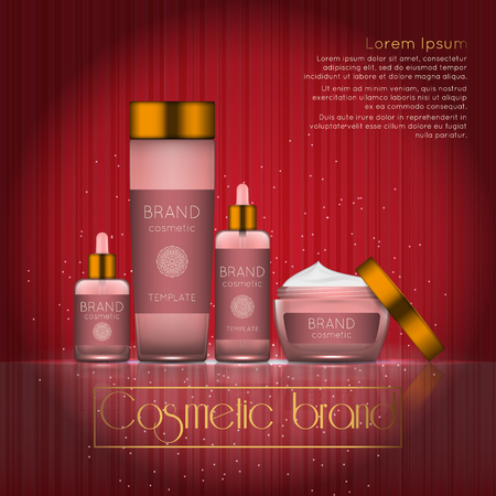 3D realistic cosmetic bottle ads template. Cosmetic brand advertising concept design with glowing sparkles on abstract texture background.のイラスト素材