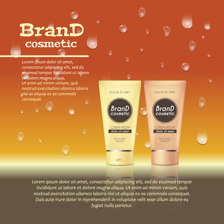 3D realistic cosmetic bottle ads template. Cosmetic brand advertising concept design with water bubbles and waterdrops background.のイラスト素材