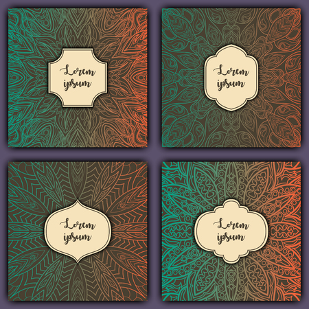 Set of mandala background cards. Vintage luxury glowing elements. Vector decorative retro greeting card or invitation design.のイラスト素材