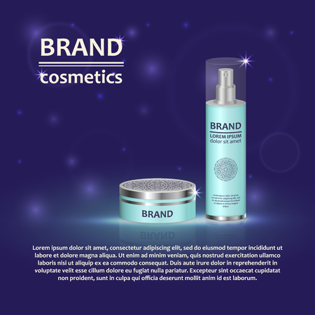 3D realistic cosmetic bottle ads template. Cosmetic brand advertising concept design with glitters and bokeh background.のイラスト素材