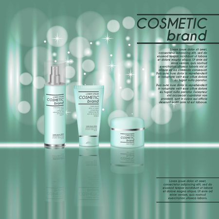 3D realistic cosmetic bottle ads template. Cosmetic brand advertising concept design with glitters and bokeh background.のイラスト素材