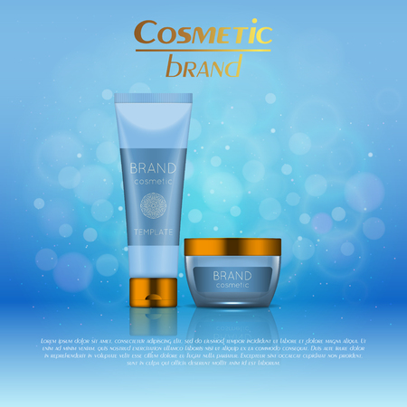 Vector 3D cosmetic illustration on a soft light blurred background with bokeh. Beauty realistic cosmetic product design templateのイラスト素材