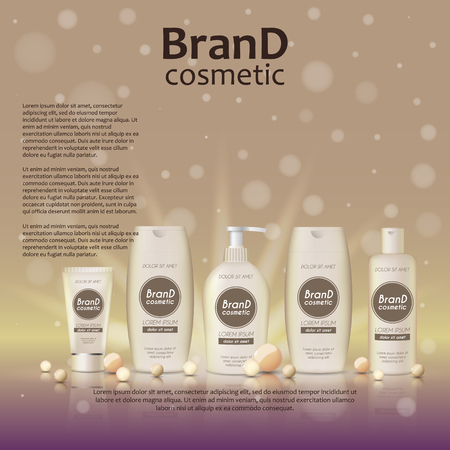 3D realistic cosmetic bottle ads template. Cosmetic brand advertising concept design on glowing background with pearls and sparkles.のイラスト素材