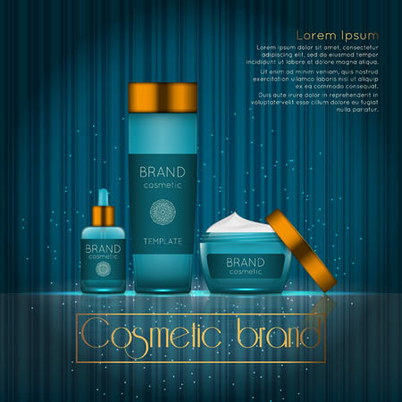 3D realistic cosmetic bottle ads template. Cosmetic brand advertising concept design with glowing sparkles on abstract texture background.のイラスト素材
