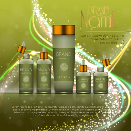 3D realistic cosmetic bottle ads template. Cosmetic brand advertising concept design with glitters and bokeh background.のイラスト素材