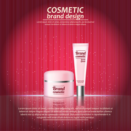 3D realistic cosmetic bottle ads template. Cosmetic brand advertising concept design with glowing sparkles on abstract texture background.のイラスト素材