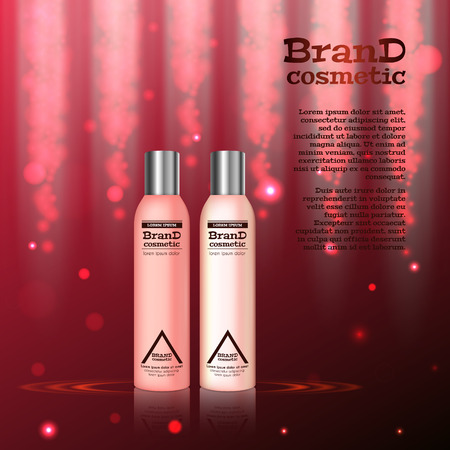 3D realistic cosmetic bottle ads template. Cosmetic brand advertising concept design with glitters and bokeh background.のイラスト素材