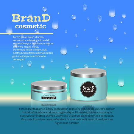 3D realistic cosmetic bottle ads template. Cosmetic brand advertising concept design with water bubbles and waterdrops background.のイラスト素材