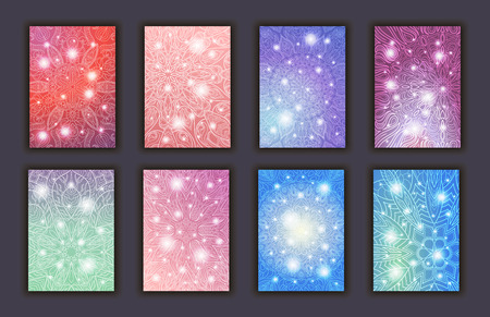 Card set with floral glowing decorative mandala elements background. Asian Indian oriental ornate banners.のイラスト素材