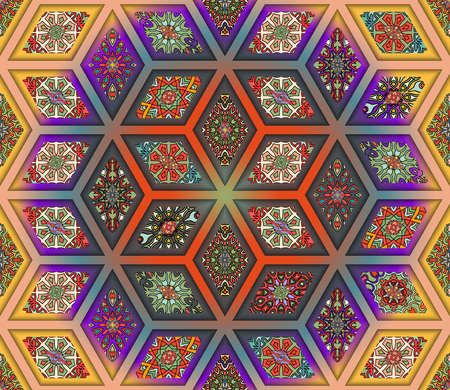 Colorful vintage seamless pattern with floral and mandala elements.のイラスト素材