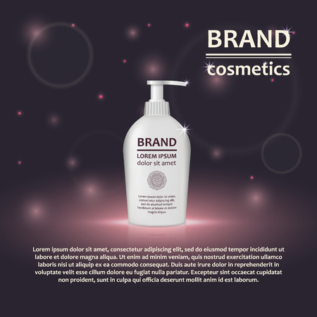 3D realistic cosmetic bottle ads template. Cosmetic brand advertising concept design with glitters and bokeh background.のイラスト素材