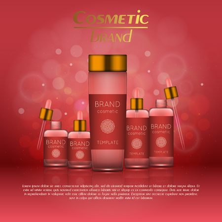 Vector 3D cosmetic illustration on a soft light blurred background with bokeh. Beauty realistic cosmetic product design templateのイラスト素材