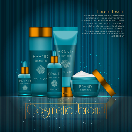 3D realistic cosmetic bottle ads template. Cosmetic brand advertising concept design with glowing sparkles on abstract texture background.のイラスト素材