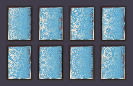 Card set with mosaic lace decorative elements background. Asian Indian oriental ornate bannersのイラスト素材