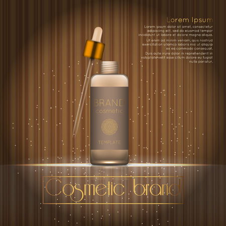 3D realistic cosmetic bottle ads template. Cosmetic brand advertising concept design with glowing sparkles on abstract texture background.のイラスト素材