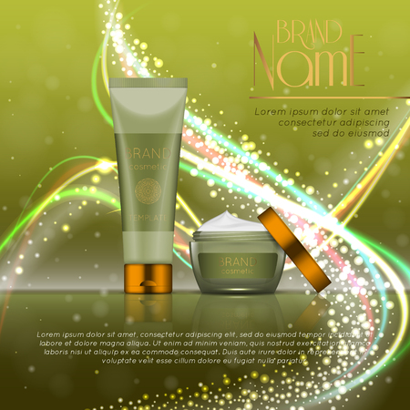 3D realistic cosmetic bottle ads template. Cosmetic brand advertising concept design with glitters and bokeh background.のイラスト素材