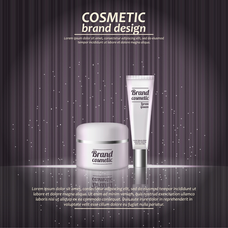 3D realistic cosmetic bottle ads template. Cosmetic brand advertising concept design with glowing sparkles on abstract texture background.のイラスト素材