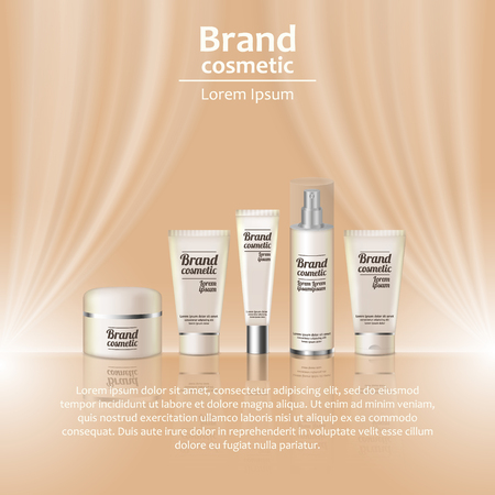 3D realistic cosmetic bottle ads template. Cosmetic brand advertising concept design with wavy light abstract background.のイラスト素材