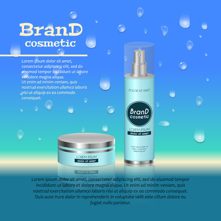 3D realistic cosmetic bottle ads template. Cosmetic brand advertising concept design with water bubbles and waterdrops background.のイラスト素材
