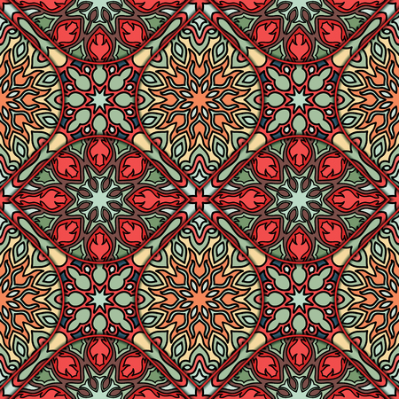 Colorful vintage seamless pattern with floral and mandala elements.Hand drawn background. Can be used for fabric, wallpaper, tile, wrapping, covers and carpet. Islam, Arabic, Indian, ottoman motifs.のイラスト素材