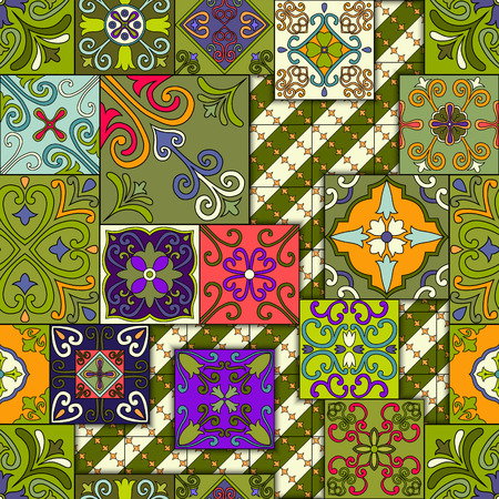 Seamless pattern with portuguese tiles in talavera style. Azulejo, moroccan, mexican ornamentsのイラスト素材