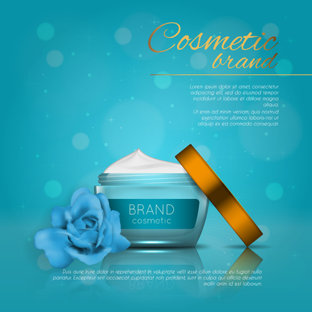 Vector 3D cosmetic illustration with rose and bokeh background. Beauty realistic cosmetic product design template.のイラスト素材