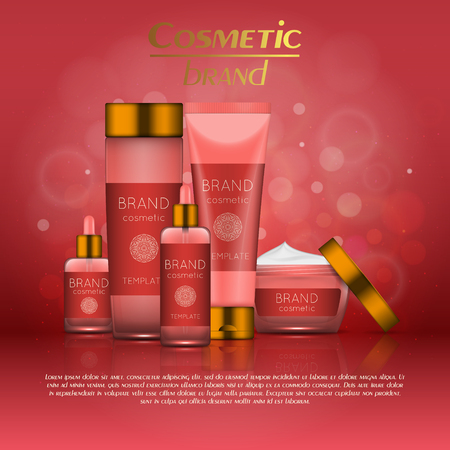 Vector 3D cosmetic illustration on a soft light blurred background with bokeh. Beauty realistic cosmetic product design templateのイラスト素材