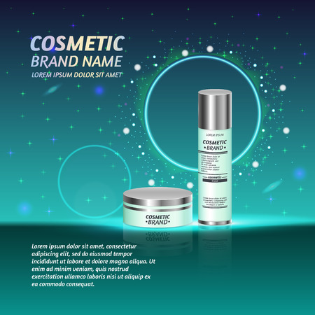 3D realistic cosmetic bottle ads template. Cosmetic brand advertising concept design with glitters and sparkles abstract sky background.のイラスト素材