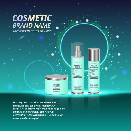 3D realistic cosmetic bottle ads template. Cosmetic brand advertising concept design with glitters and sparkles abstract sky background.のイラスト素材