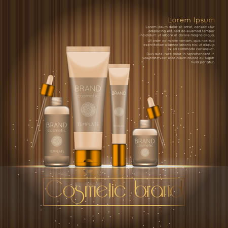 3D realistic cosmetic bottle ads template. Cosmetic brand advertising concept design with glowing sparkles on abstract texture background.のイラスト素材