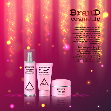3D realistic cosmetic bottle ads template. Cosmetic brand advertising concept design with glitters and bokeh background.のイラスト素材