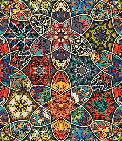 Colorful vintage seamless pattern with floral and mandala elements.Hand drawn background. Can be used for fabric, wallpaper, tile, wrapping, covers and carpet. Islam, Arabic, Indian, ottoman motifs.のイラスト素材