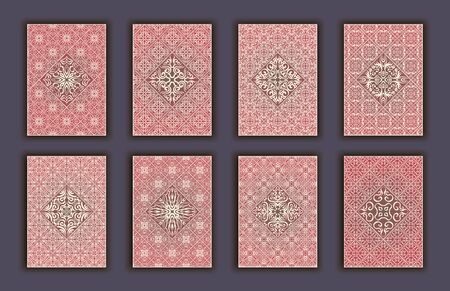 Card set with mosaic lace decorative elements background. Asian Indian oriental ornate bannersのイラスト素材