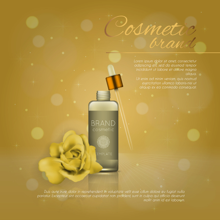 A Vector 3D cosmetic illustration with rose and bokeh background. Beauty realistic cosmetic product design templateのイラスト素材