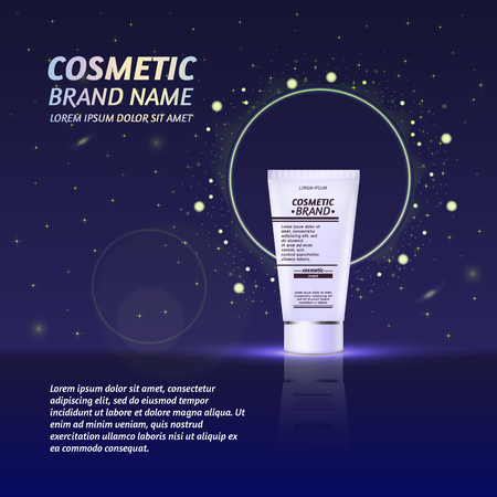 3D realistic cosmetic bottle ads template. Cosmetic brand advertising concept design with glitters and sparkles abstract sky background.のイラスト素材