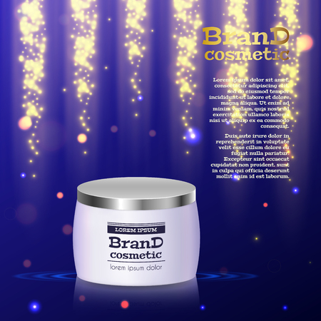 3D realistic cosmetic bottle ads template. Cosmetic brand advertising concept design with glitters and bokeh background.のイラスト素材