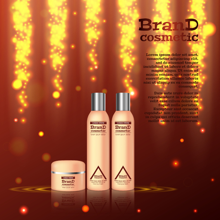3D realistic cosmetic bottle ads template. Cosmetic brand advertising concept design with glitters and bokeh background.のイラスト素材