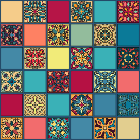 Colorful vintage seamless pattern with floral and mandala elements.のイラスト素材