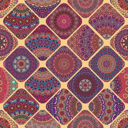 Colorful vintage seamless pattern with floral and mandala elements.Hand drawn background. Can be used for fabric, wallpaper, tile, wrapping, covers and carpet. Islam, Arabic, Indian, ottoman motifs.のイラスト素材