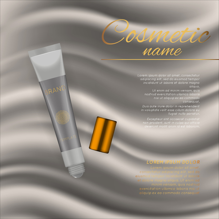 Vector 3D cosmetic illustration on a soft silk background. Beauty realistic cosmetic product design templateのイラスト素材