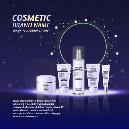 3D realistic cosmetic bottle ads template,  Cosmetic brand advertising concept design with glitters and sparkles abstract sky background.のイラスト素材
