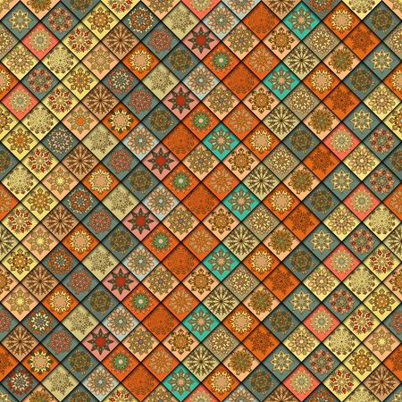 Vintage borderless pattern with tile patchwork elements, Winter ornament with snowflakes. Can be used for fabric, wallpaper, tile, wrapping, covers and carpet.のイラスト素材