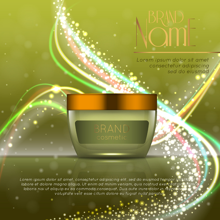 3D realistic cosmetic bottle ads template. Cosmetic brand advertising concept design with glitters and bokeh background.のイラスト素材