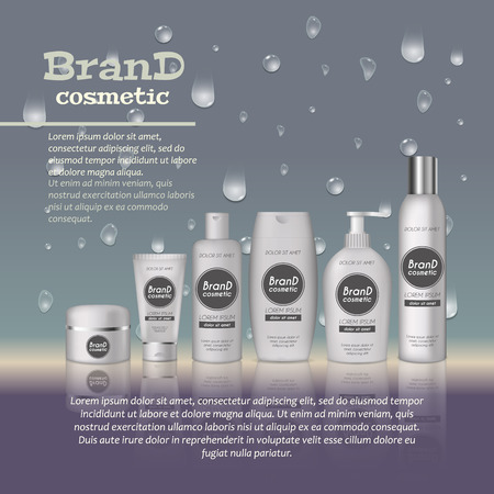 3D realistic cosmetic bottle ads template, Cosmetic brand advertising concept design with water bubbles and waterdrops background.のイラスト素材